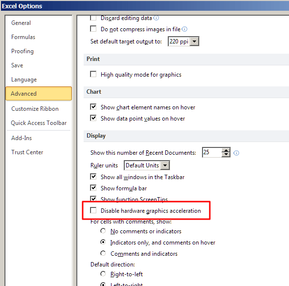 Excel Display Disable hardware graphics acceleration