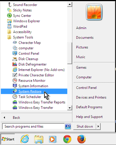 start system restore windows 7