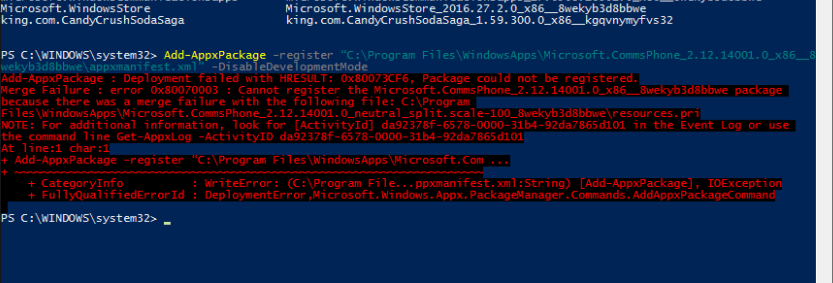 Deployment failed error 0x80073CF6, Package could not be registered: 0x80070003 