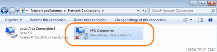 vpn unavailable device missing windows 7