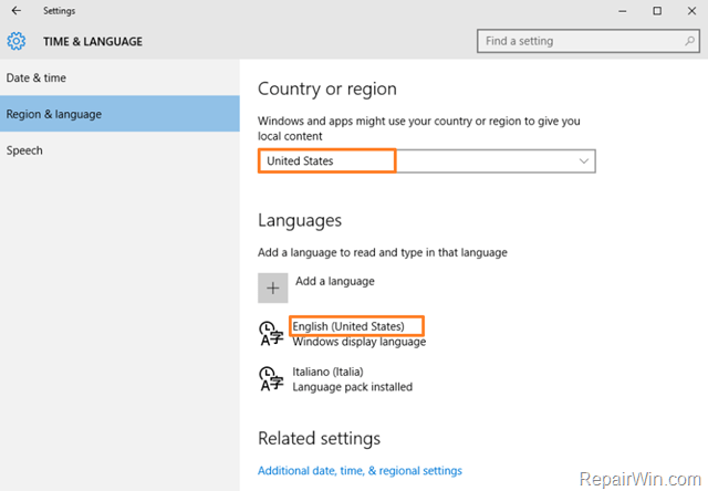 align country/region to language