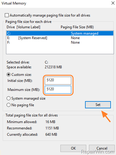 adjust paging file size