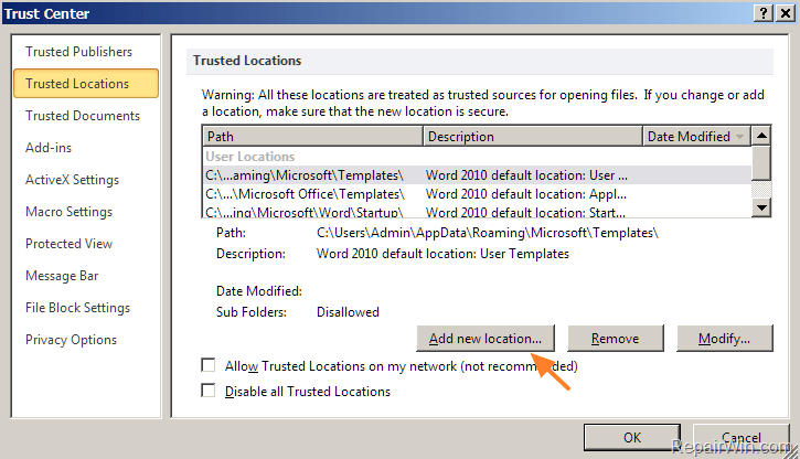 trusted locations word