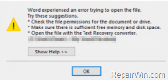 Cannot open Office documents - Word experienced an error