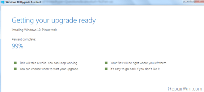 Windows 10 Upgrade Assistant Stuck at 99%