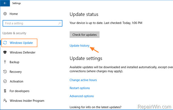 update history windows 10