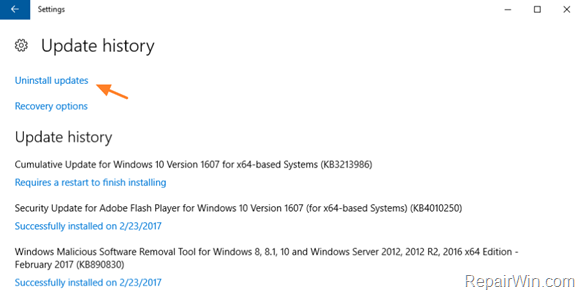 remove updates windows 10
