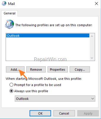 add new profile outlook