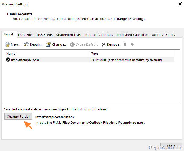 change outlook data folder