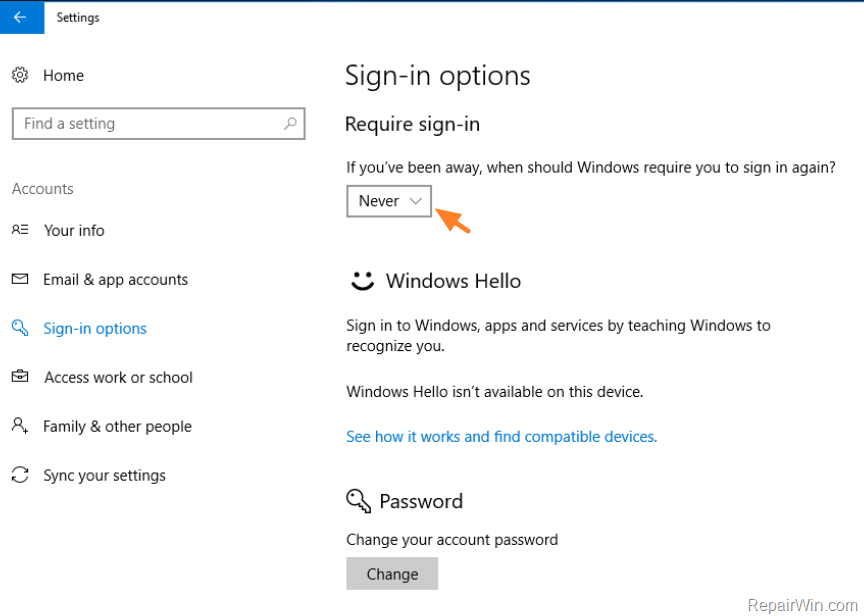 Password options. Remove password Windows 10. User Manager account Windows 10. Password prompt. Sign in options Windows.