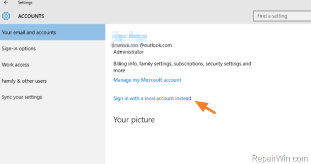 sign-in with a local account instead windows 10