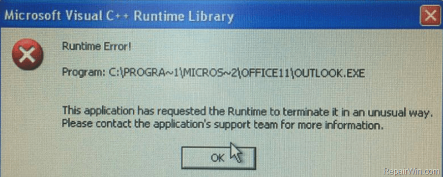 Outlook Exe Runtime Error Microsoft Visual C Runtime Library Solved Repair Windows