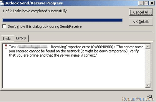 Outlook 0x80040900 error