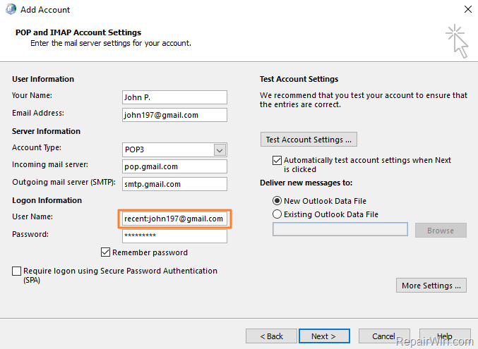 problem setting up gmail on outlook 2013