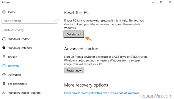 reset windows 10 to default state