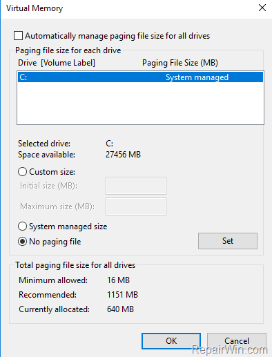 disable paging file windows 10