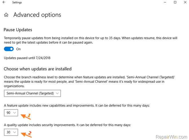 defer updates windows 10