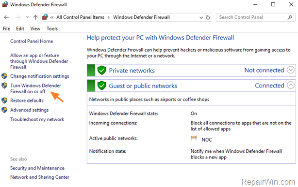 turn off windows defender firewall