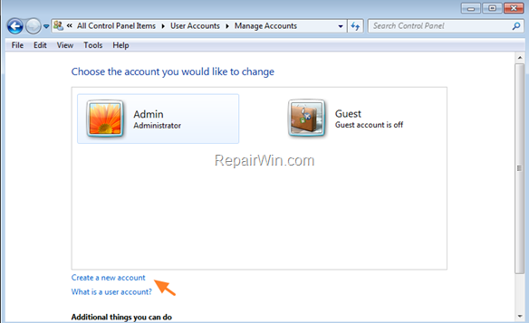 create account windows 7