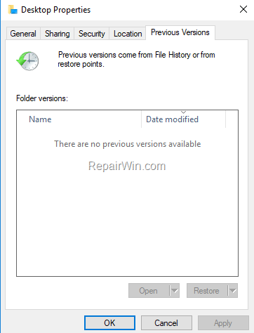 previous versions windows 10 not showing up