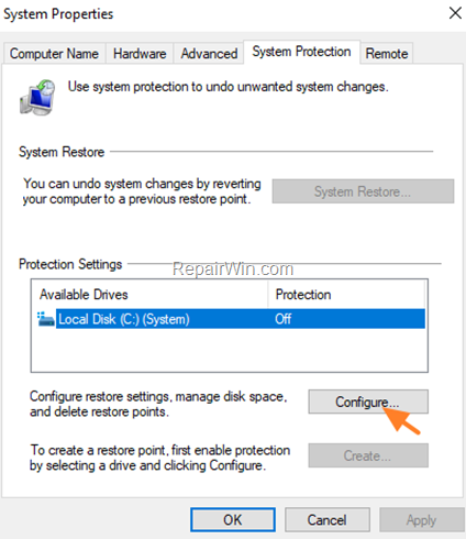 turn on system restore protection windows 10