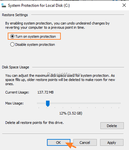 Turn on System Restore Protection in Windows