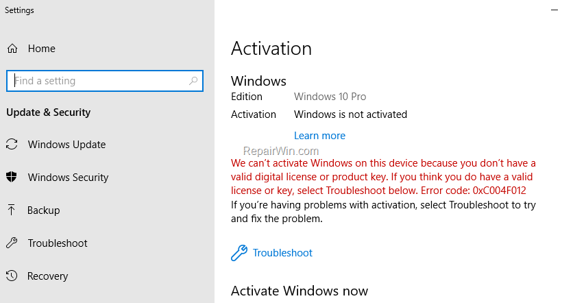 Fix Windows 10 Activation Error 0xc004f012 Repair Windows