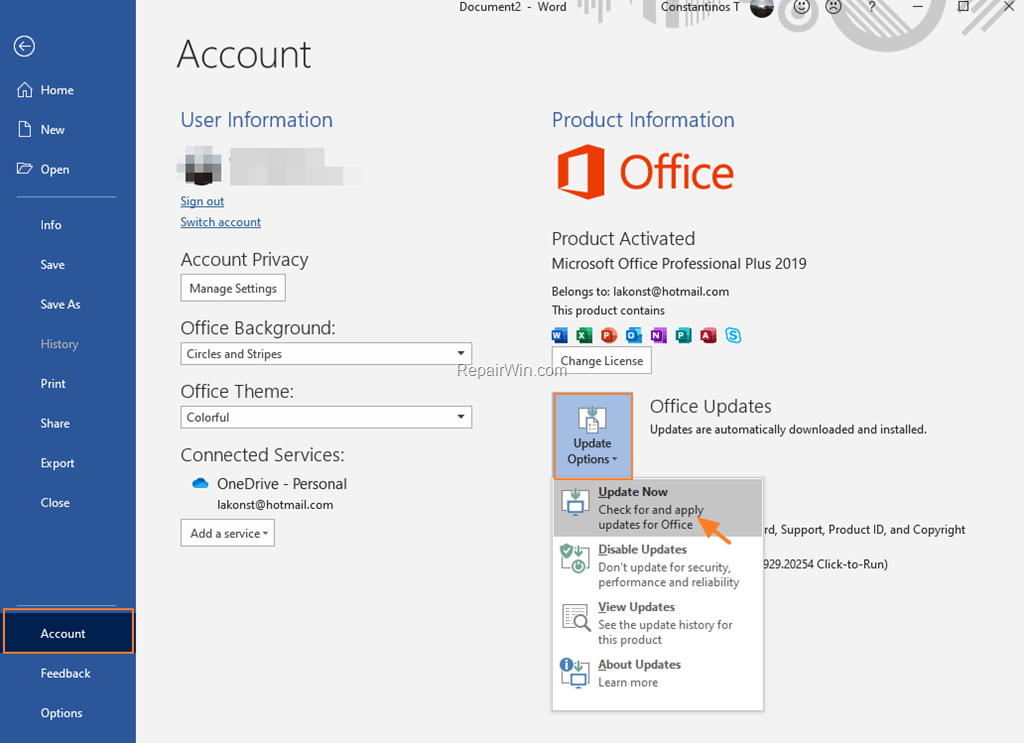 how to check for updates office 2016
