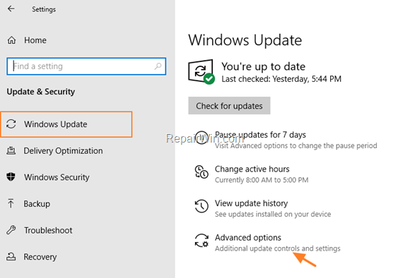 Change Update Options Windows 10