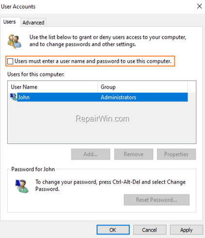 User must enter a user name and password to use this computer 