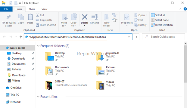 clear recent items windows 10