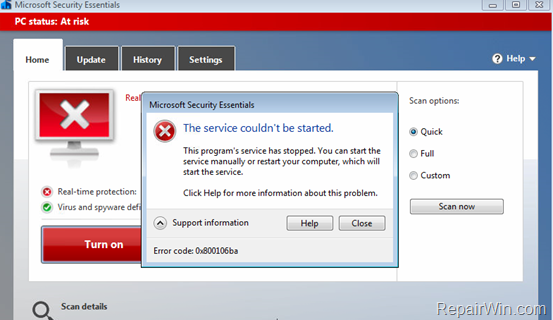 FIX: Error Code 0x800106ba - Security Essentials or Defender Antivirus Service Couldn't be Started 