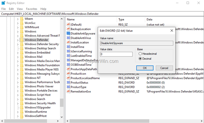 Enable Windows Defender registry