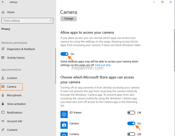 Allow apps to access your camera in Windows 10