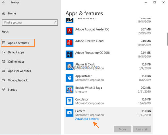 Reset Camera App Settings - Windows 10
