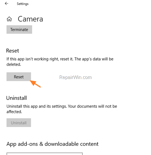Reset app settings Windows 10
