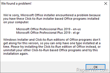 FIX: Microsoft Office Installer encountered a problem because of Click to Run installer based Office programs 