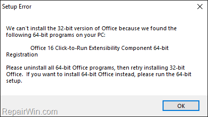 FIX: We can't Install Office because of Office 16 Click to Run Extensibility Component Registration