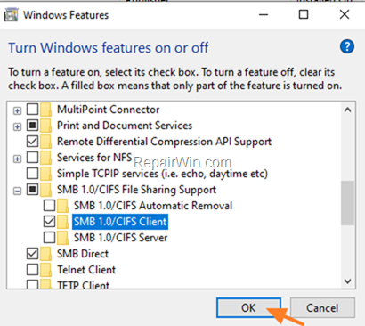 Install SMBv1 Windows 10