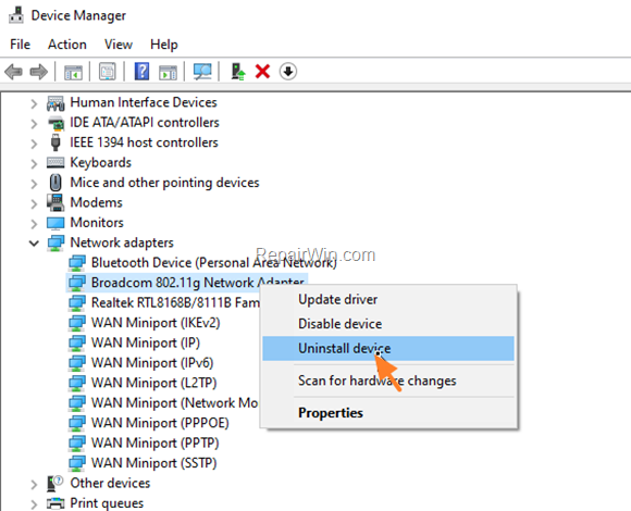 Divice Manager - Uninstall Wireless Adpter