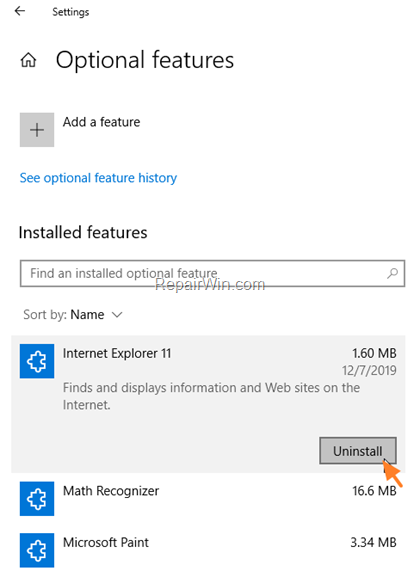 Remove Internet Explorer Windows 10