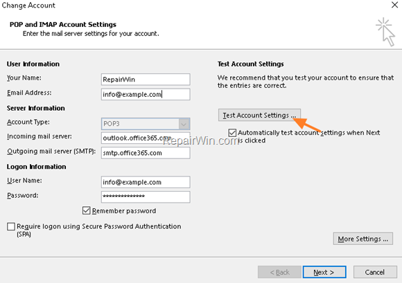 Outlook Test Account Settings
