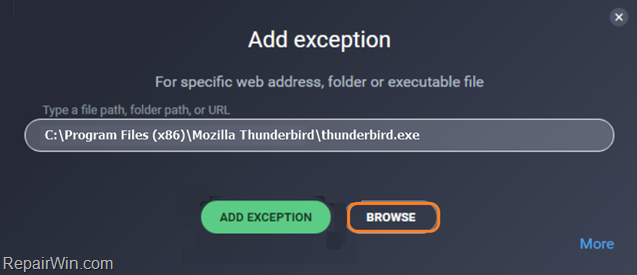 add thunderbird to antivirus exceptions