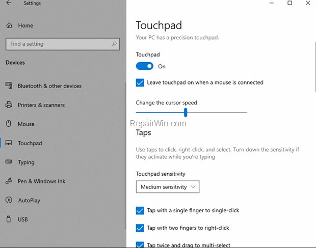 Turn Touchpad ON-OFf in Windows 10