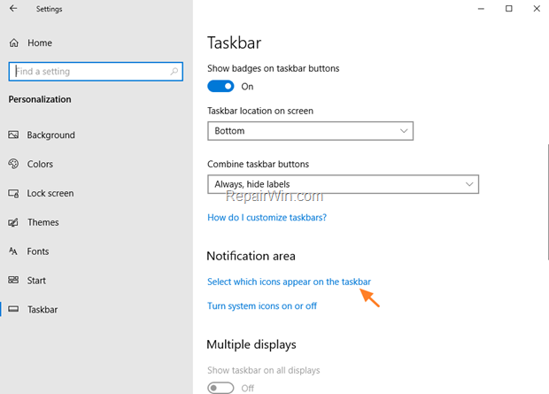 Select taskbar icons Windows 10