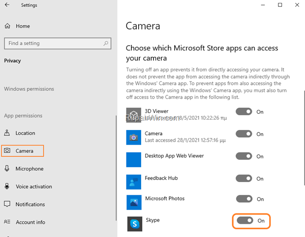 Allow Store Apps to Access Camera Windows 10