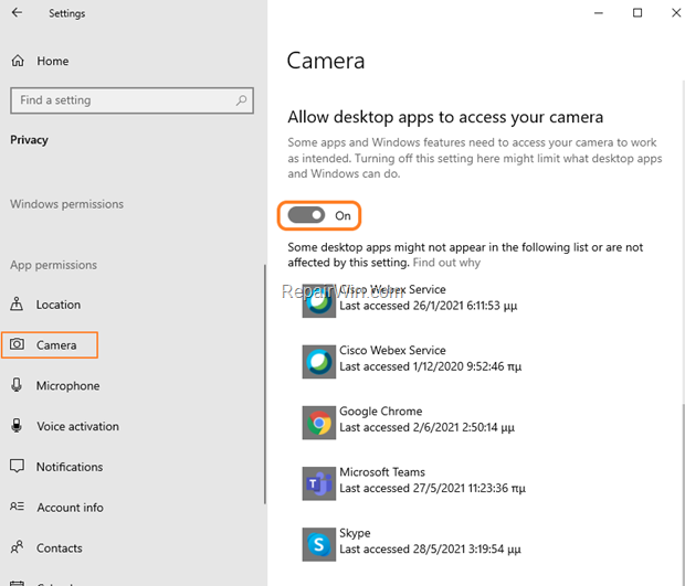 Allow Applications to Access Camera Windows 10