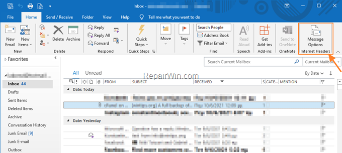 view headers without opening email outlook