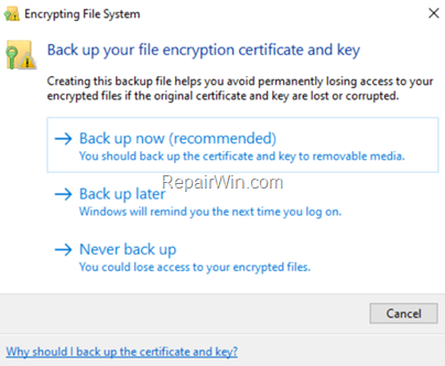 Remove "Back up your file encryption certificate and key" from Encrypting File System tool