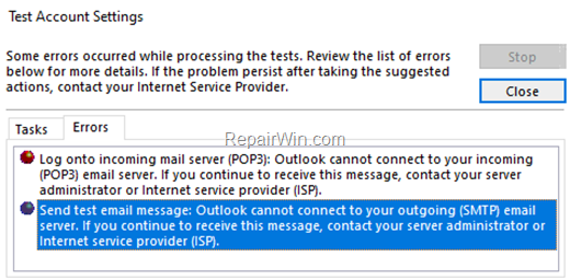  Outlook Cannot Connect to your mail server